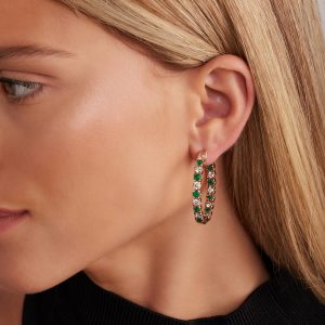 Gemstone Earrings: 3.5 Cm Emerald And Diamond Hoop Earrings EA1013.5.23.08