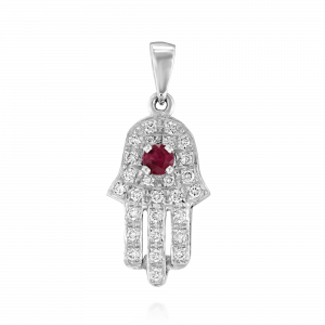 Judaica Pendants: Diamonds & Ruby Hamsa Pendant - 1.7 CM PE2301.1.08.07