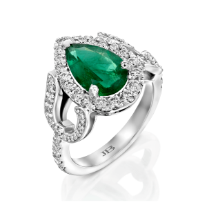 Gemstone Jewelry: Pear Cut Emerald & Diamonds Ring RI2604.1.25.08