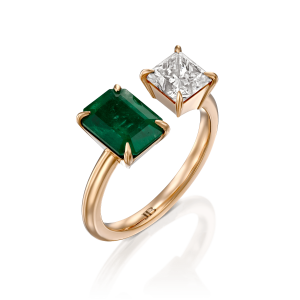 תכשיטים משובצים אבני חן: טבעת יהלום פרינסס ואמרלד RI3630.5.25.08