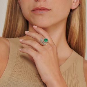 Outlet Rings: Diamond & Emerald Crescent Moon Ring RI3660.1.20.08