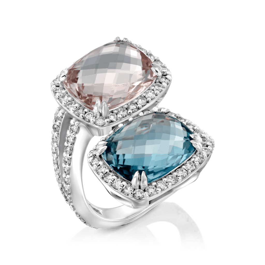 טבעת משובצת יהלומים קושן אקוומרין ומורגנייט