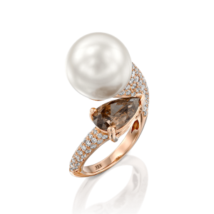 Pearl Jewelry: Pear Shape Brown Diamond & Pearl Ring RI5779.5.25.15