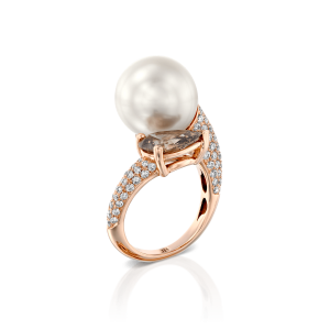 Pearl Jewelry: Pear Shape Brown Diamond & Pearl Ring RI5779.5.25.15