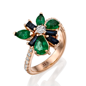 Emerald-Jewelry: Blue Shappire & Emerald Flower Ring RI6059.5.21.08