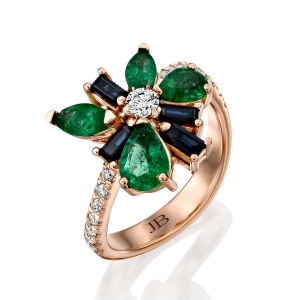 Women's Diamond Jewelry: Blue Shappire & Emerald Flower Ring RI6059.5.21.08